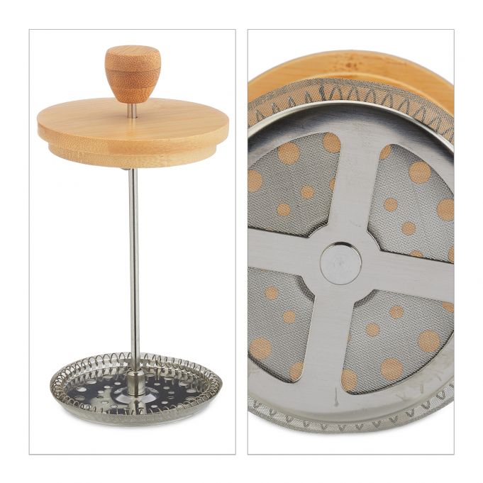 Relaxdays Γαλλική Καφετιέρα με Καπάκι από Bamboo - 600ml - Διάφανη / Natural - 4052025978846