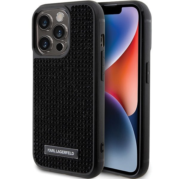 Karl Lagerfeld iPhone 15 Pro Max - Rhinestone Logo Metal Plate Σκληρή Θήκη με Πλαίσιο Σιλικόνης - Black - KLHCP15XHDSPLK