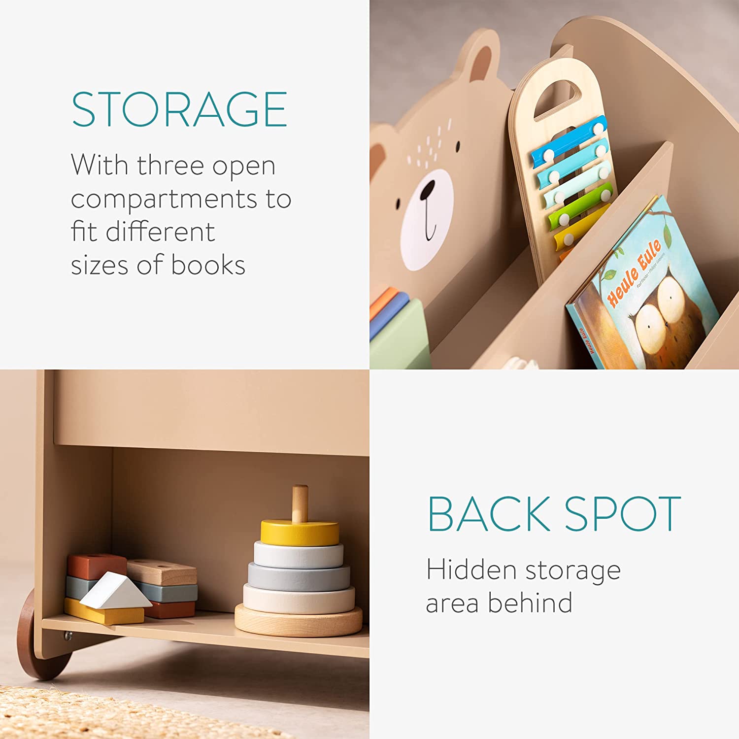 Navaris Παιδικό Κουτί Αποθήκευσης με 3 Διαμερίσματα και Ρόδες - Design Bear - Brown - 55858.02