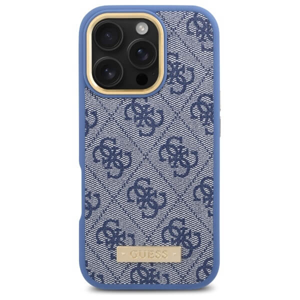 Guess iPhone 16 Pro 4G Logo Plate MagSafe Θήκη με Επένδυση Συνθετικού Δέρματος και MagSafe - Blue - GUHMP16LU4GPRB
