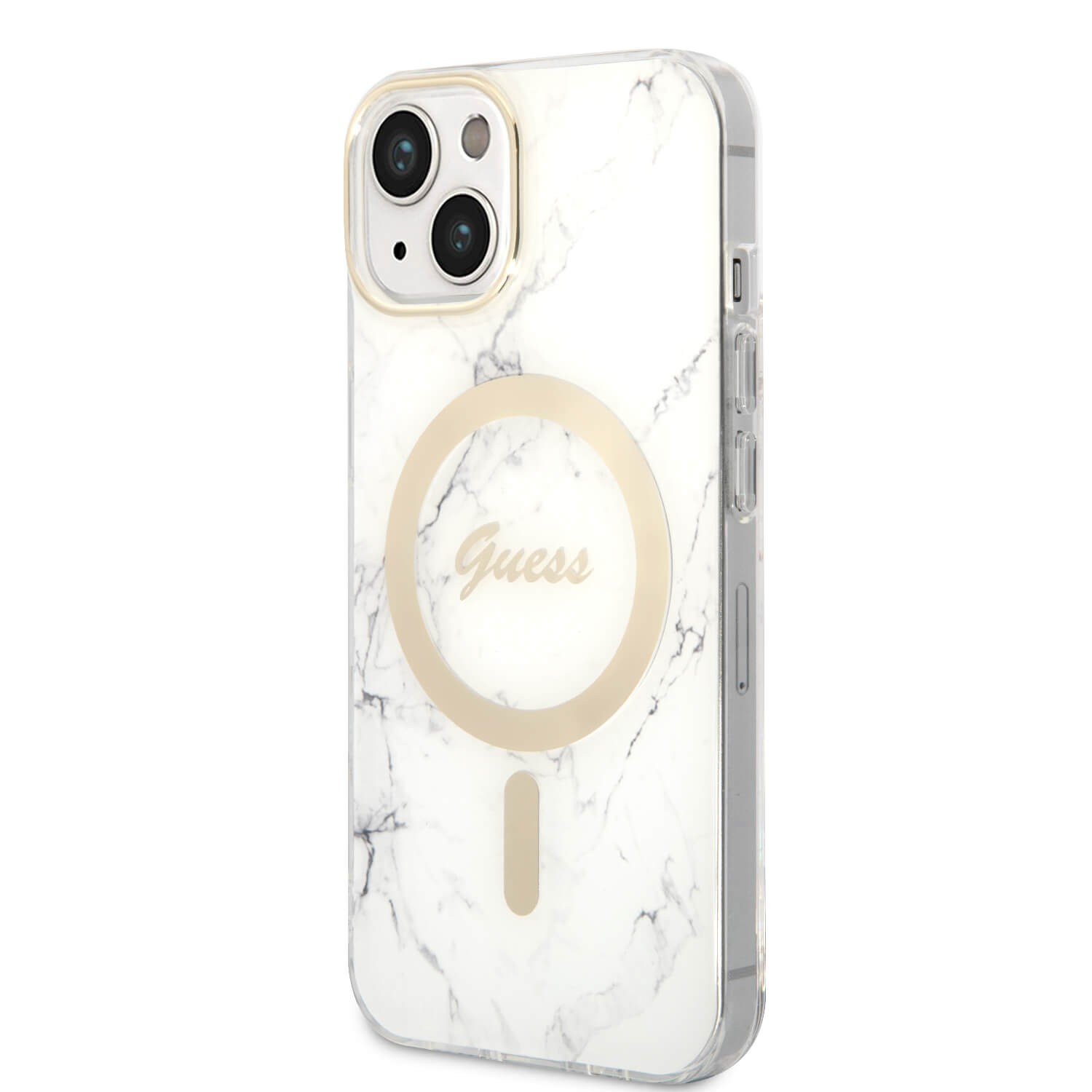 Guess iPhone 15 / 14 / 13 - Bundle Pack - Σετ Σκληρή Θήκη με Πλαίσιο Σιλικόνης και Ασύρματος Φορτιστής MagSafe - Design Marble MagSafe - White - GUBPP14SHMEACSH