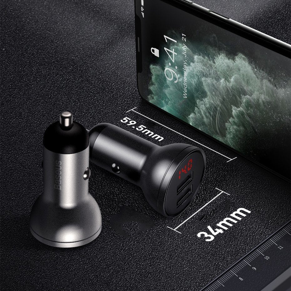 Baseus Digital Display Φορτιστής Αυτοκινήτου 4.8A με Δύο Θύρες USB και Καλώδιο Lightning / Type - C / Micro USB - Black - TZCCBX - 0G