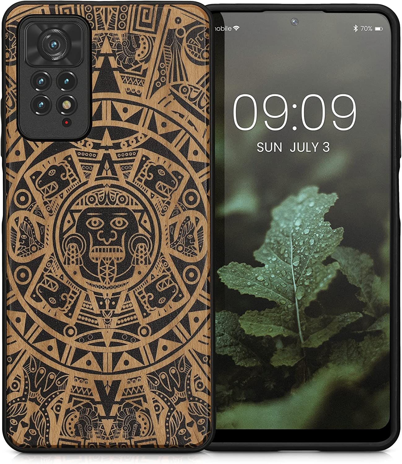 KW Xiaomi Redmi Note 11 Pro / Note 11 Pro 5G Θήκη από Φυσικό Ξύλο - Design Mayan Calendar - Light Brown / Black - 57381.03