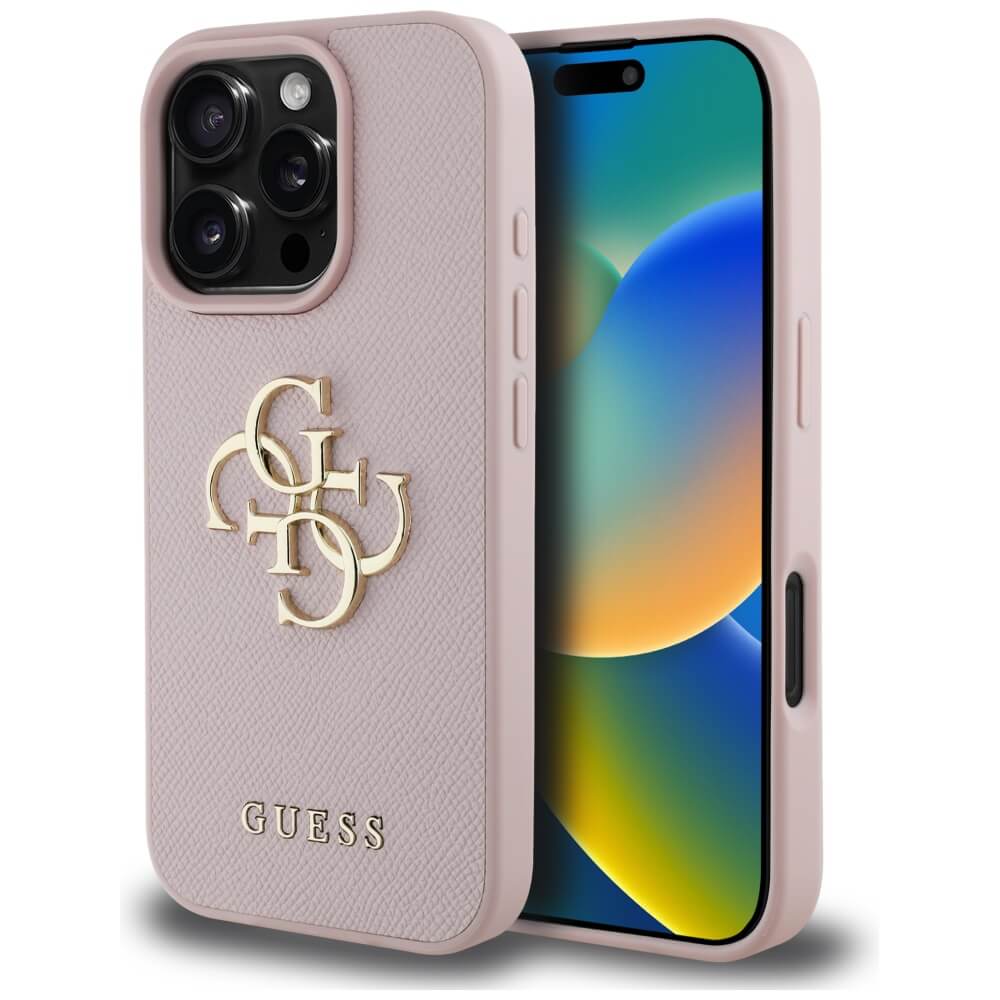 Guess iPhone 16 Pro - Grained Big 4G Logo Small Classic Logo - Σκληρή Θήκη με Επένδυση από Οικολογικό Δέρμα - Pink - GUHCP16LPGT4MBP