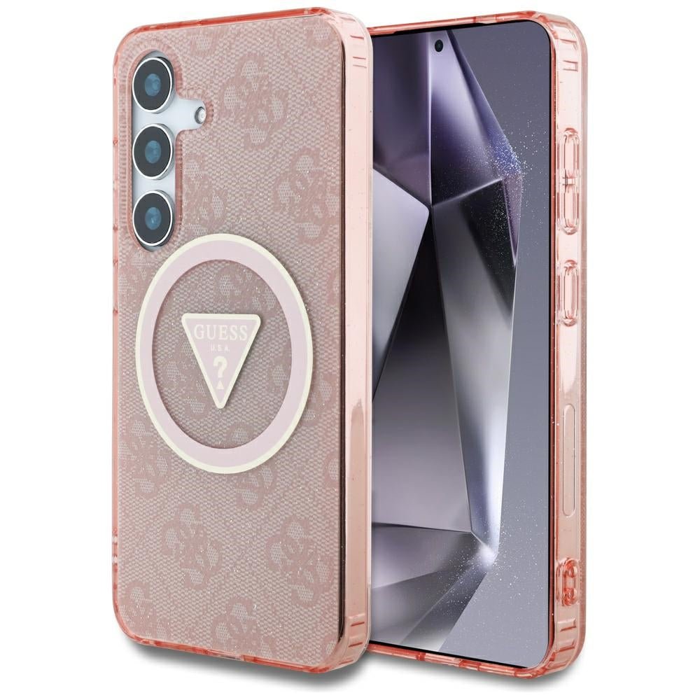 Guess Samsung Galaxy S25 - 4G Glitter Triangle Buttons - MagSafe Σκληρή Θήκη με Πλαίσιο Σιλικόνης - Pink - GUHMS25SHG4PRTGP