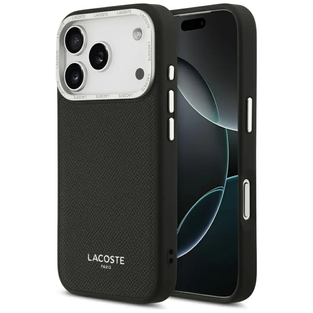 Lacoste iPhone 17 Pro - Champs Elysees Silver Logo MagSafe - Σκληρή Θήκη με Πλαίσιο Σιλικόνης και Επένδυση Οικολογικού Δέρματος - Black
