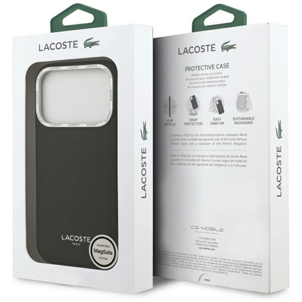 Lacoste iPhone 17 Pro - Champs Elysees Silver Logo MagSafe - Σκληρή Θήκη με Πλαίσιο Σιλικόνης και Επένδυση Οικολογικού Δέρματος - Black
