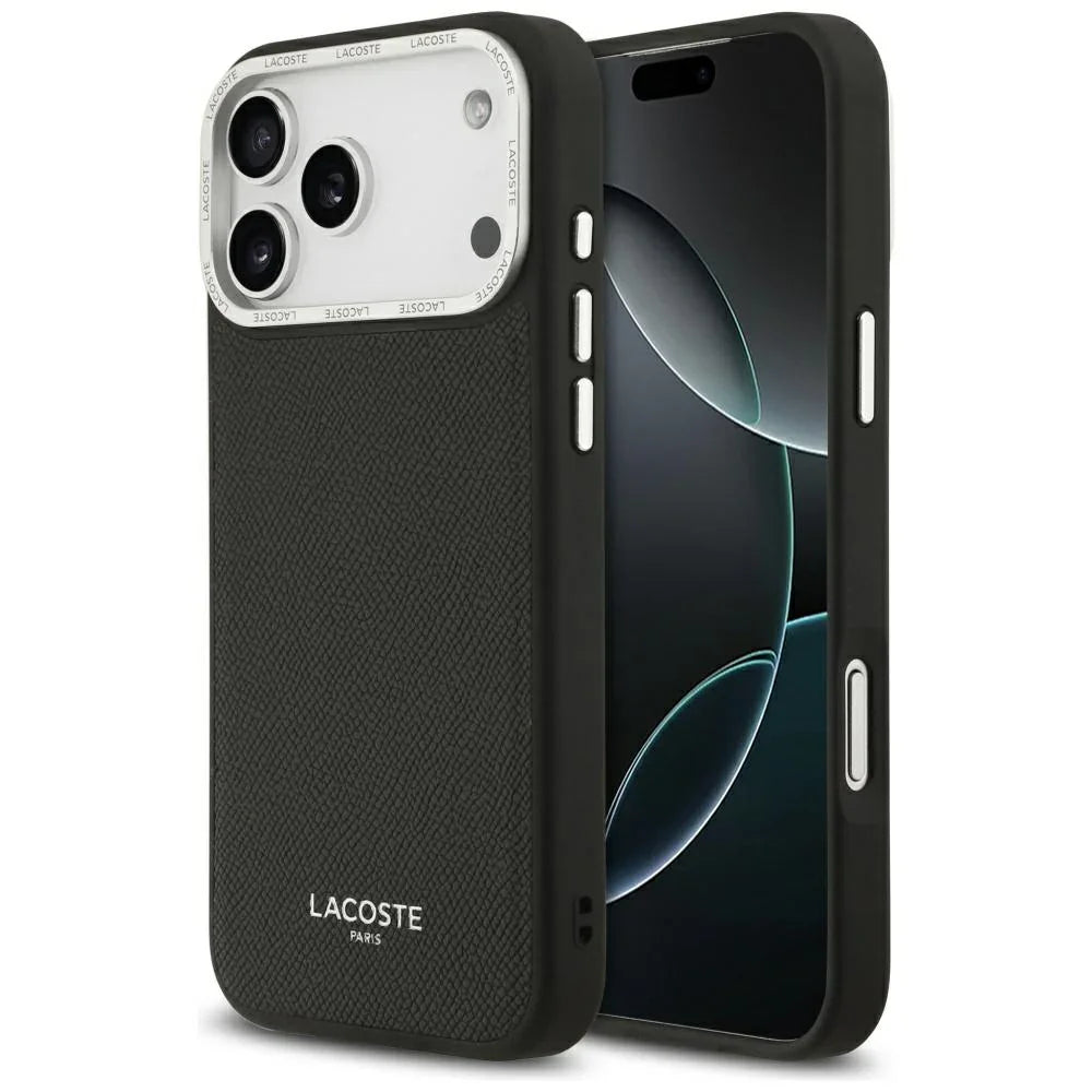 Lacoste iPhone 17 Pro Max - Champs Elysees Silver Logo MagSafe - Σκληρή Θήκη με Πλαίσιο Σιλικόνης και Επένδυση Οικολογικού Δέρματος - Black