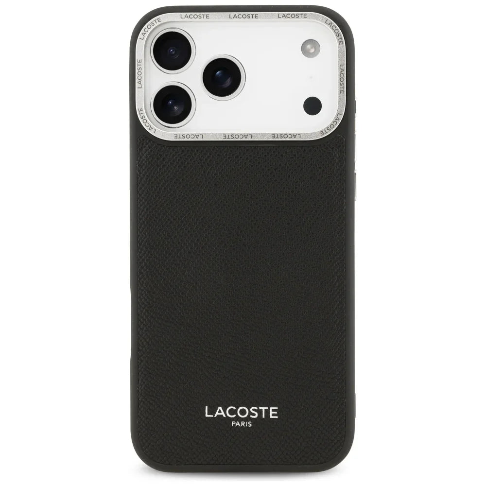 Lacoste iPhone 17 Pro Max - Champs Elysees Silver Logo MagSafe - Σκληρή Θήκη με Πλαίσιο Σιλικόνης και Επένδυση Οικολογικού Δέρματος - Black