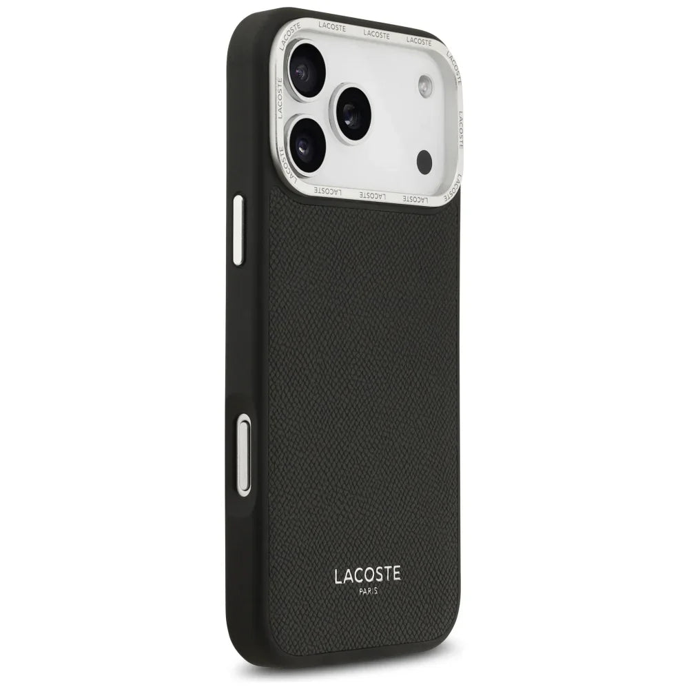 Lacoste iPhone 17 Pro Max - Champs Elysees Silver Logo MagSafe - Σκληρή Θήκη με Πλαίσιο Σιλικόνης και Επένδυση Οικολογικού Δέρματος - Black