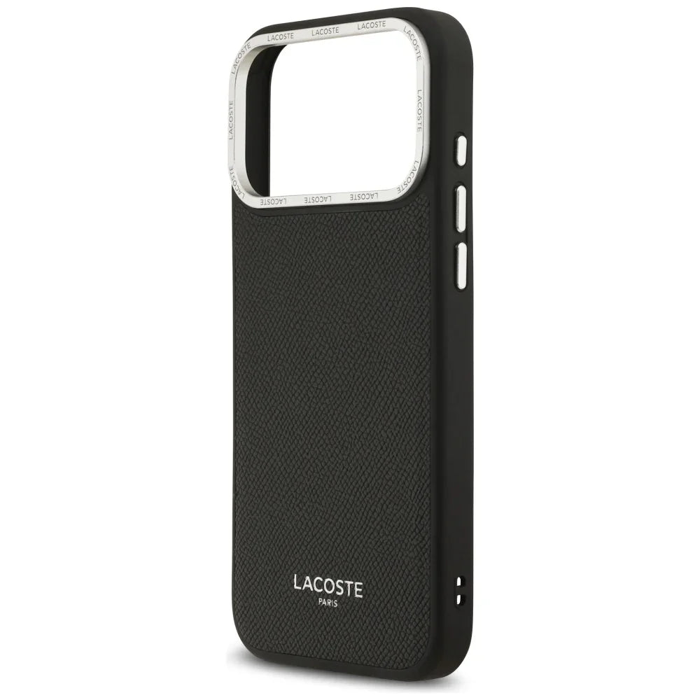 Lacoste iPhone 17 Pro Max - Champs Elysees Silver Logo MagSafe - Σκληρή Θήκη με Πλαίσιο Σιλικόνης και Επένδυση Οικολογικού Δέρματος - Black