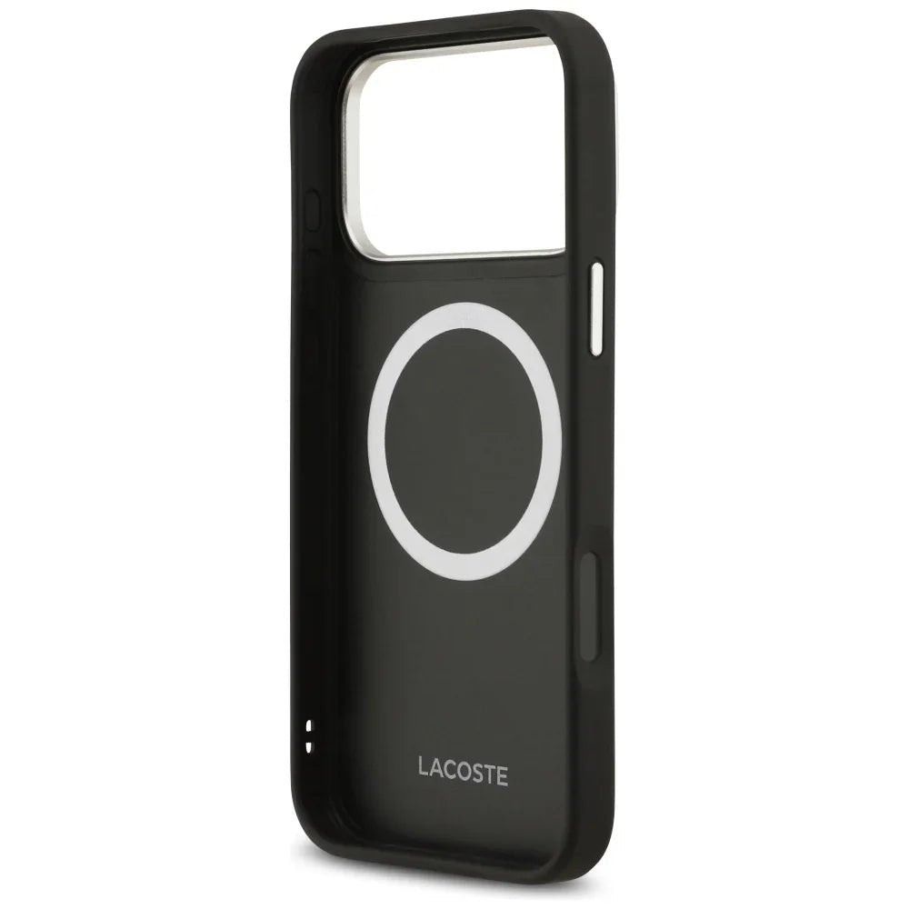 Lacoste iPhone 17 Pro Max - Champs Elysees Silver Logo MagSafe - Σκληρή Θήκη με Πλαίσιο Σιλικόνης και Επένδυση Οικολογικού Δέρματος - Black