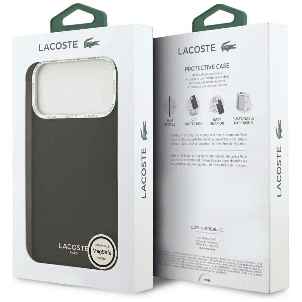 Lacoste iPhone 17 Pro Max - Champs Elysees Silver Logo MagSafe - Σκληρή Θήκη με Πλαίσιο Σιλικόνης και Επένδυση Οικολογικού Δέρματος - Black
