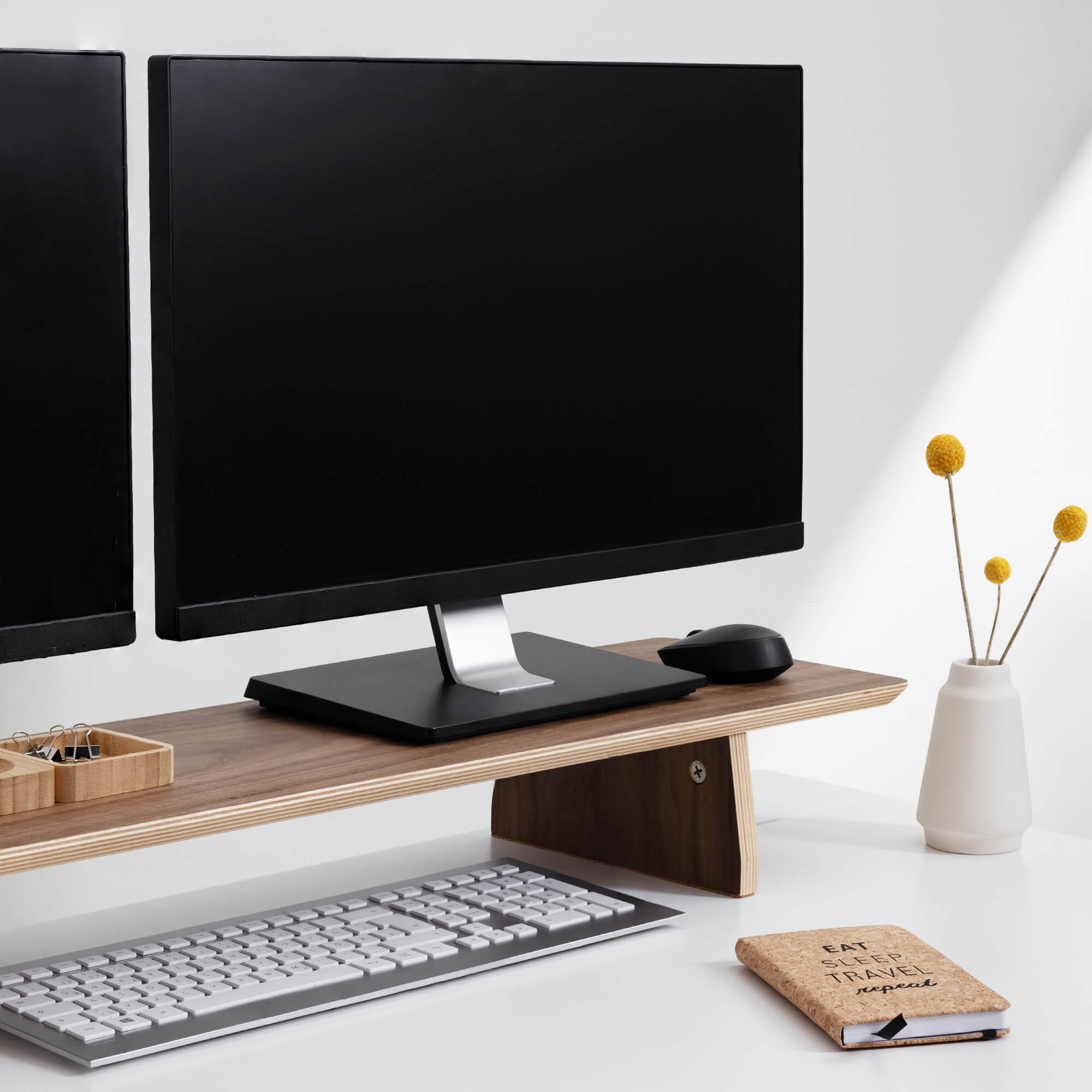 Navaris Διπλή Βάση Στήριξης Οθόνης από Ξύλο - Brown Walnut - 53516.05