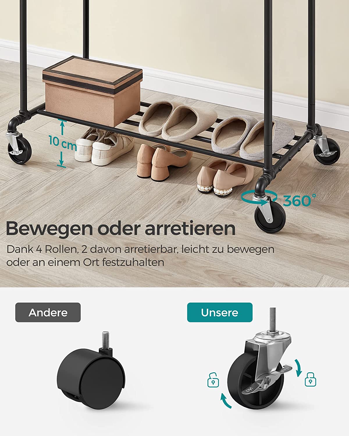 Songmics Τροχήλατη Μεταλλική Κρεμάστρα - Ράγα Ρούχων με Ράφι - Black - HSR60BV1