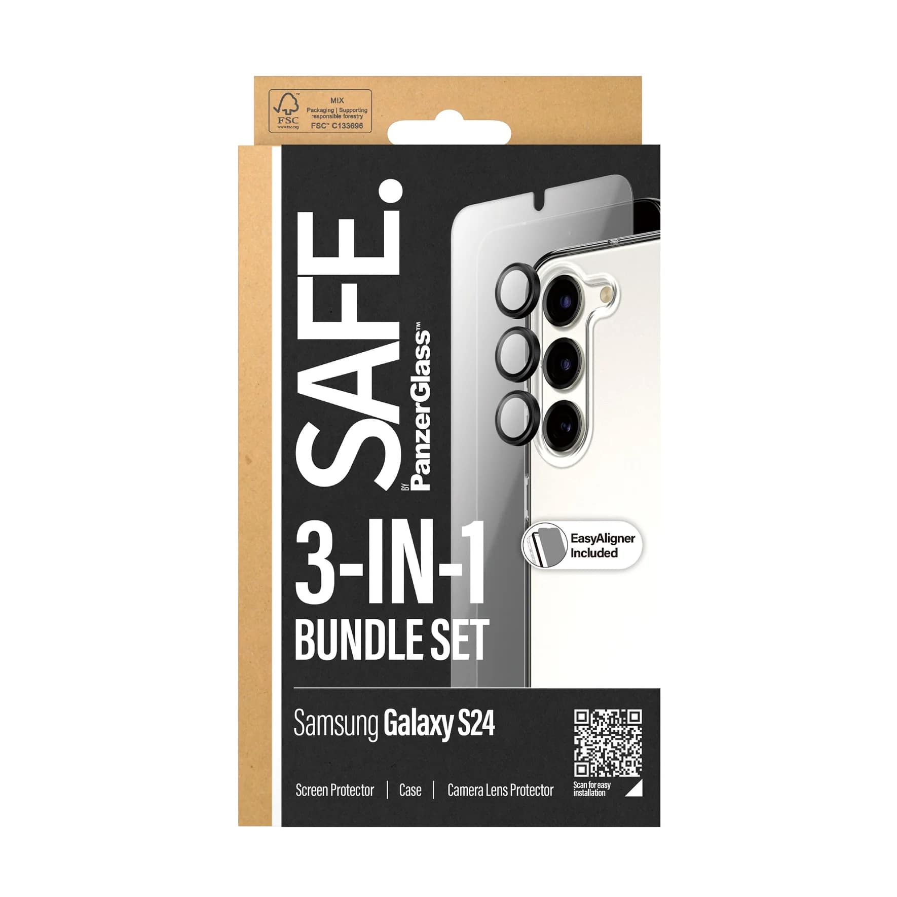 Safe by PanzerGlass Samsung Galaxy S24 - 3 - in - 1 Bundle Set - Σετ με 1 Αντιχαρακτικό Γυαλί Οθόνης, 1 Αντιχαρακτικό Γυαλί για την Κάμερα και 1 Θήκη Σιλικόνης - Clear
