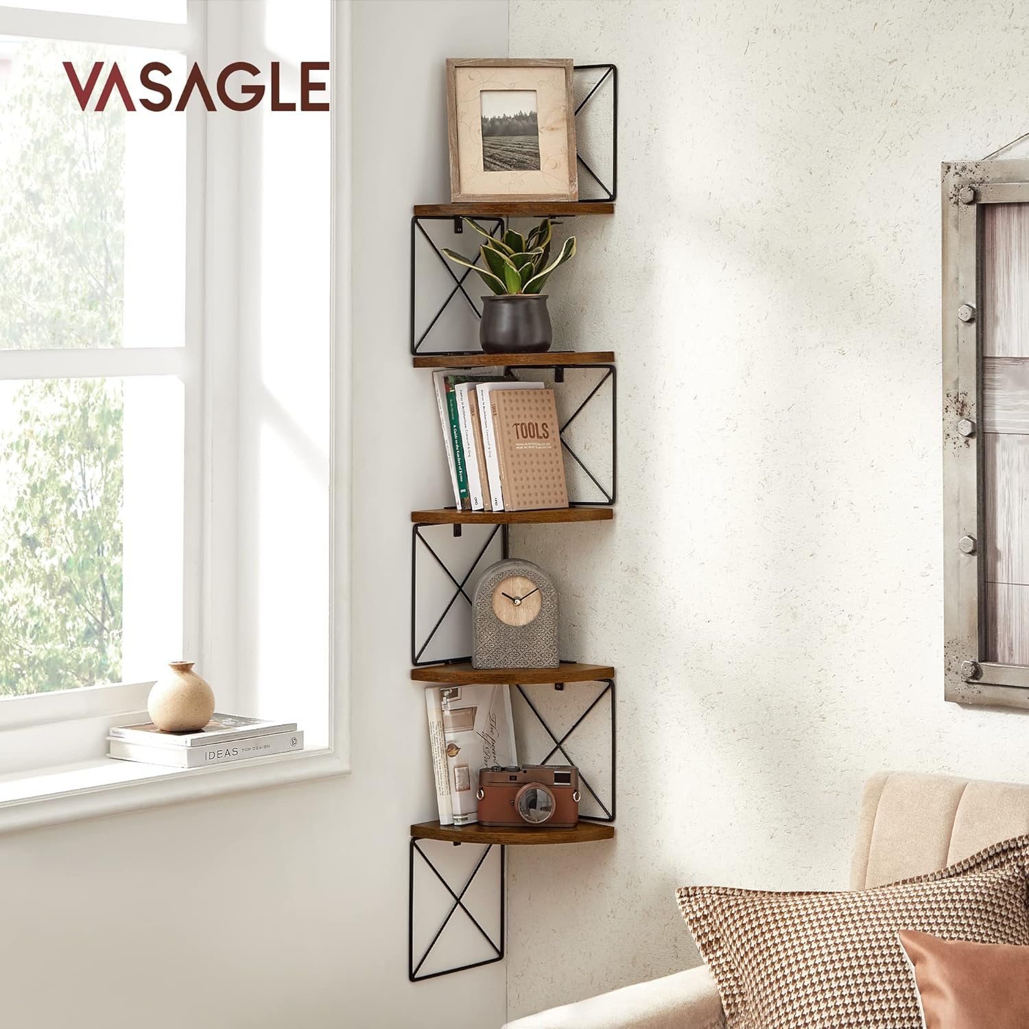 Vasagle Γωνιακή Βιβλιοθήκη Τοίχου με 5 Ράφια - Rustic Brown / Black - LLS851B01