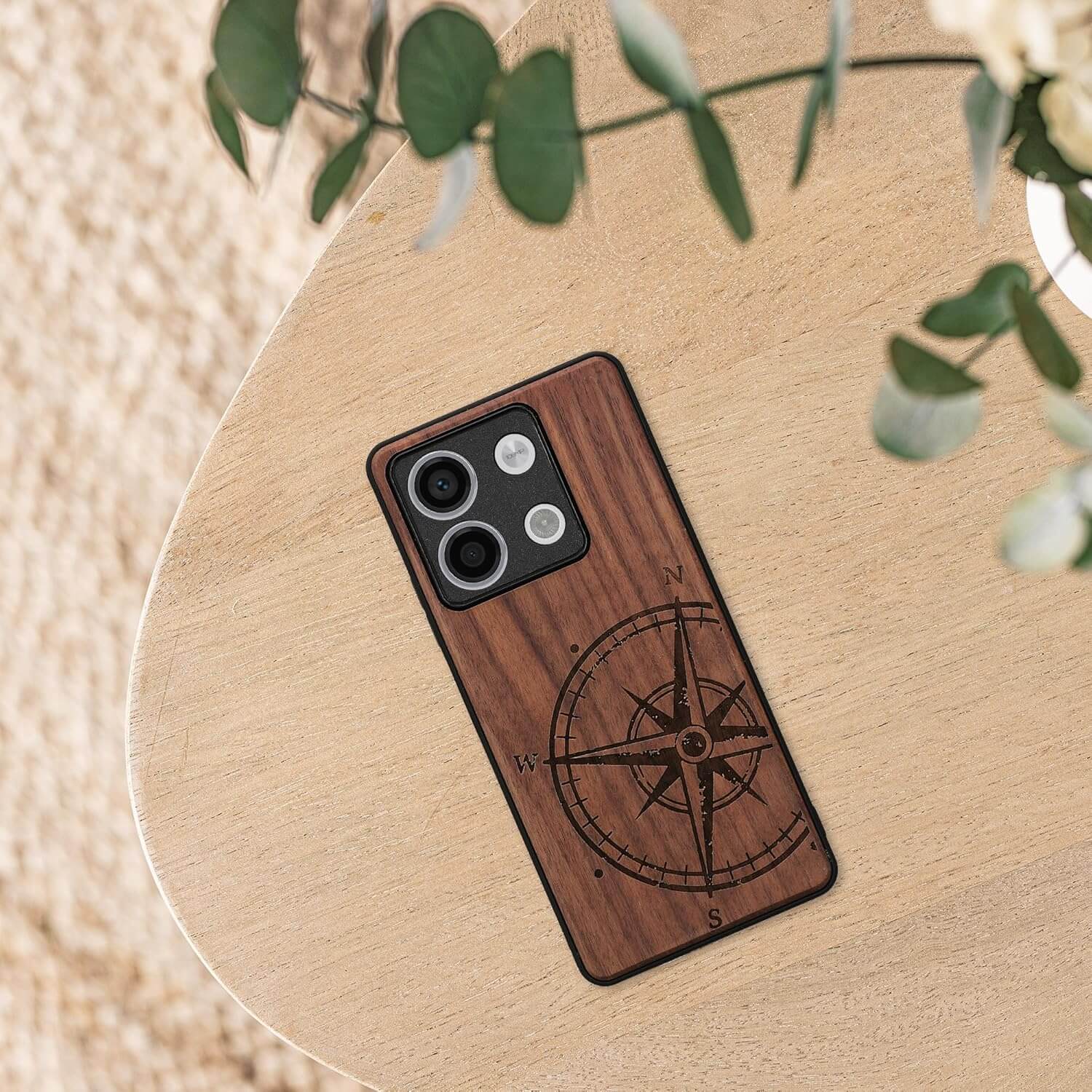 KW Xiaomi Redmi Note 13 5G Θήκη από Φυσικό Ξύλο - Design Compass Vintage - Dark Brown