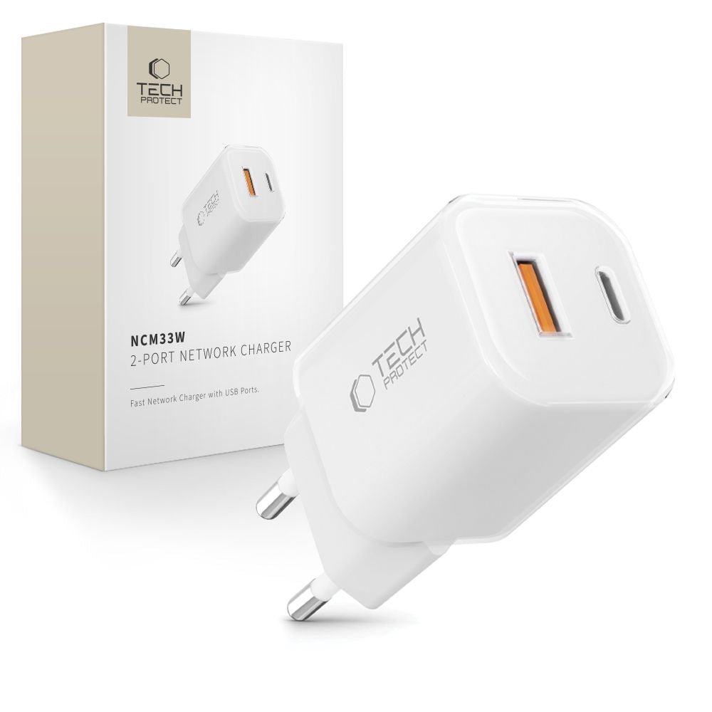 Tech - Protect NCM33W QC3.0 Οικιακός Φορτιστής Γρήγορης Φόρτισης με 1 Θύρα USB και 1 Θύρα Type - C - White