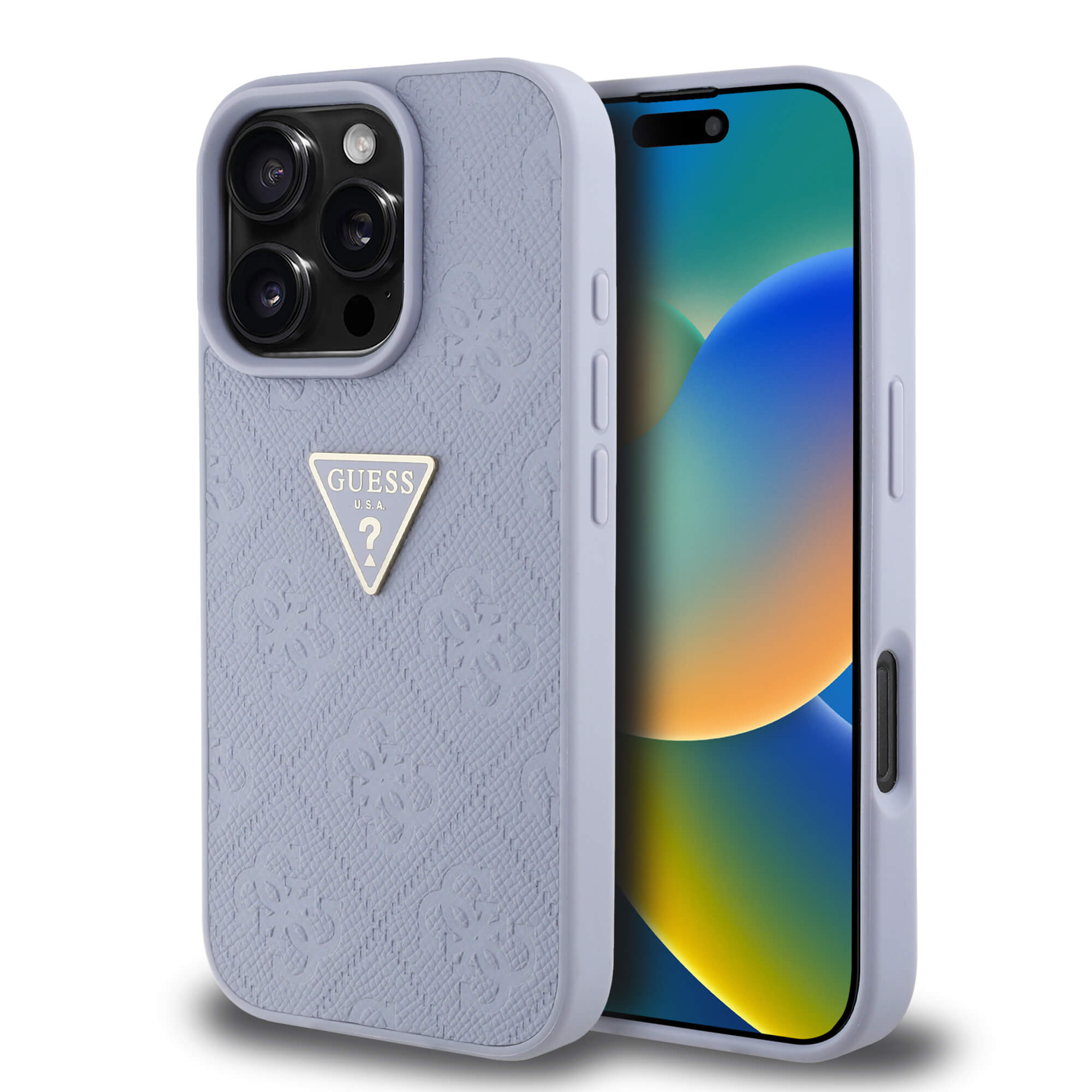 Guess iPhone 16 Pro Max - Hot Stamp 4G Pattern Triangle Metal Logo - Σκληρή Θήκη με Επένδυση Συνθετικού Δέρματος και Πλαίσιο Σιλικόνης - Purple - GUHCP16XPGP4STRU