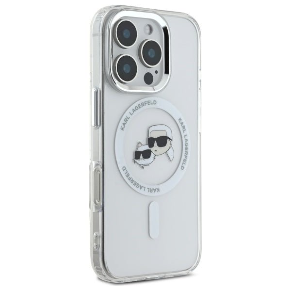 Karl Lagerfeld iPhone 16 Pro - IML Metal Karl and Choupette Head - Σκληρή Θήκη με Πλαίσιο Σιλικόνης και MagSafe - White - KLHMP16LHLSKCH