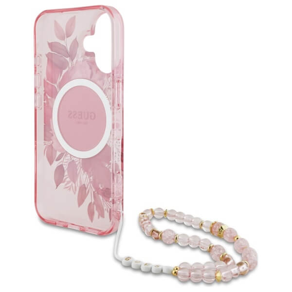Guess iPhone 16 - IML Flowers With Pearl Strap MagSafe - Σκληρή Θήκη με Πλαίσιο Σιλικόνης και Λουράκι - Pink - GUHMP16SHFWBRCESP