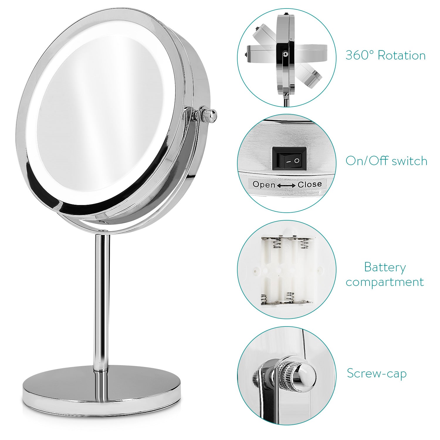 Navaris LED Illuminated Two - Sided Vanity Makeup Mirror - Περιστρεφόμενος Φωτιζόμενος Καθρέπτης LED - Silver - 43104