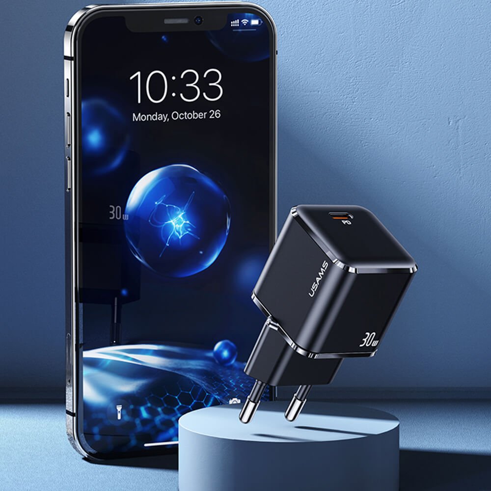 Usams Travel Charger Kit 30W Οικιακός Φορτιστής με Θύρα Type - C και καλώδιο Type - C to Lightning 20W - Black - UXTZH01