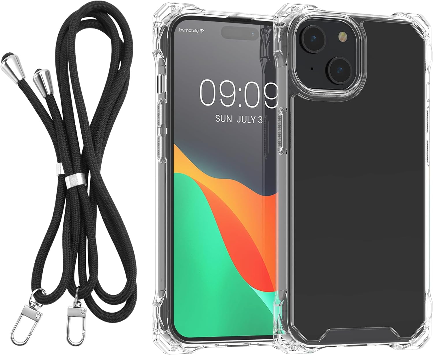 KW iPhone 15 Plus Σκληρή Θήκη με Πλαίσιο Σιλικόνης και Λουράκι - Διάφανη / Black - 62038.01