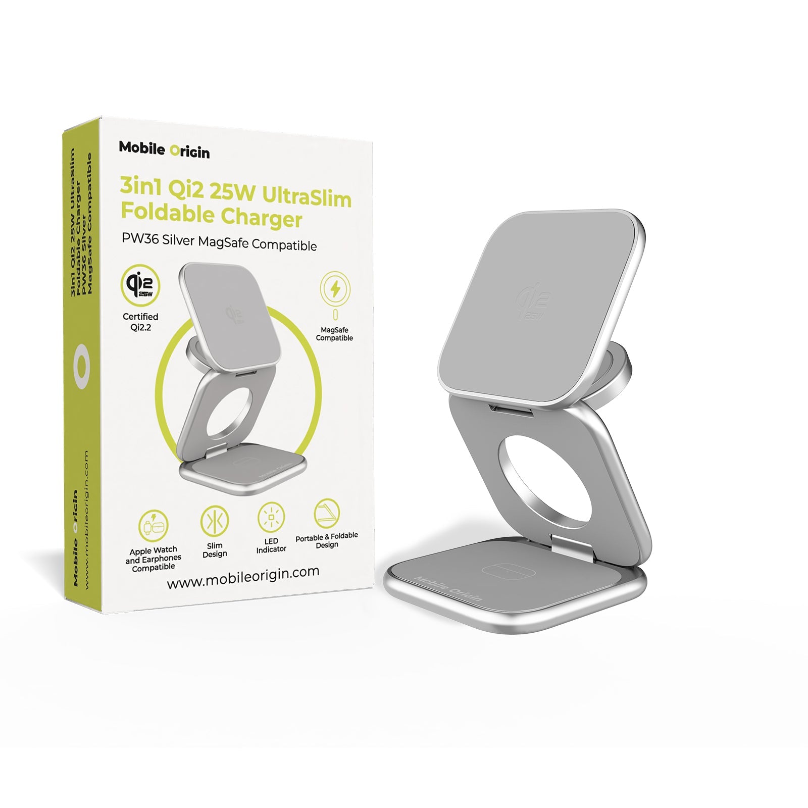 Mobile Origin - 3in1 Αναδιπλούμενος Ασύρματος MagSafe Qi2 Φορτιστής 25W - PW36 - Silver