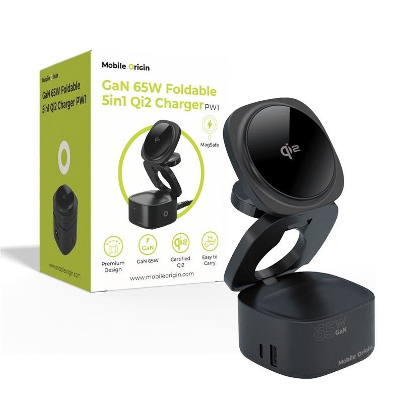 Mobile Origin - 5in1 Αναδιπλούμενος Ασύρματος MagSafe Qi2 Φορτιστής 65W - PW1 - Black