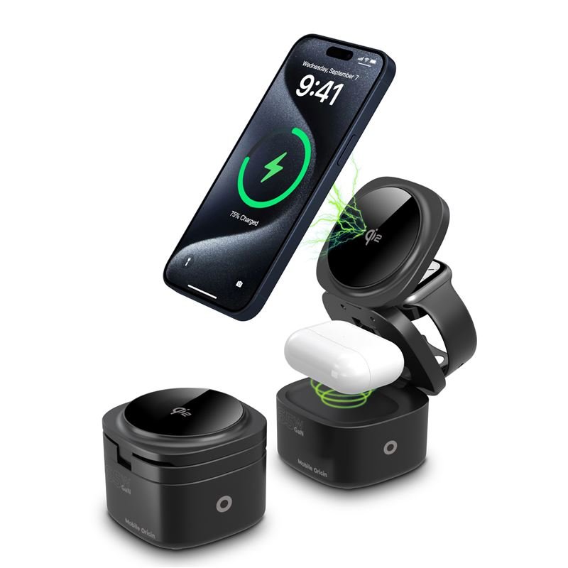Mobile Origin - 5in1 Αναδιπλούμενος Ασύρματος MagSafe Qi2 Φορτιστής 65W - PW1 - Black