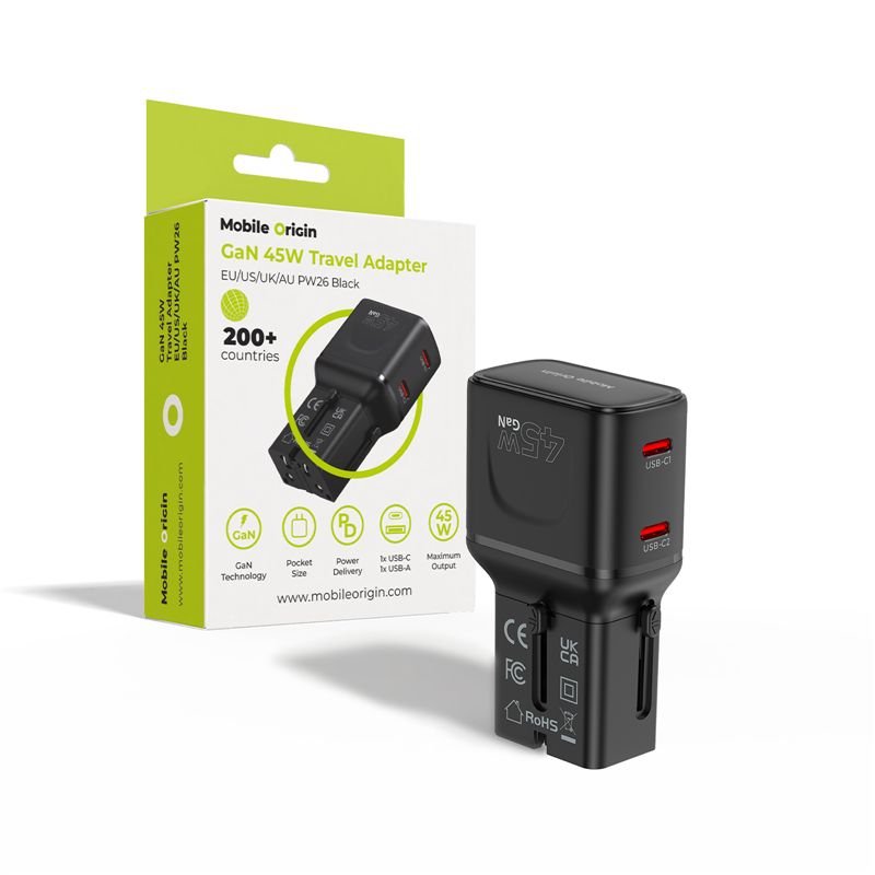 Mobile Origin Φορτιστής Ταξιδίου 2 Θυρών USB - C με Αντάπτορες Πρίζας EU/US/UK/AU - GaN 45W - Travel Adapter PW26 - Black