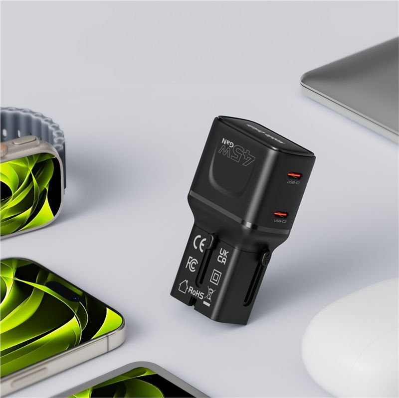 Mobile Origin Φορτιστής Ταξιδίου 2 Θυρών USB - C με Αντάπτορες Πρίζας EU/US/UK/AU - GaN 45W - Travel Adapter PW26 - Black