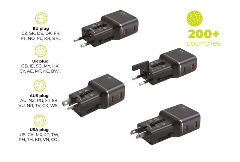 Mobile Origin Φορτιστής Ταξιδίου 2 Θυρών USB - C με Αντάπτορες Πρίζας EU/US/UK/AU - GaN 45W - Travel Adapter PW26 - Black