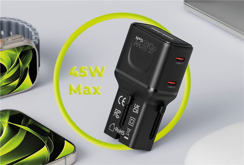 Mobile Origin Φορτιστής Ταξιδίου 2 Θυρών USB - C με Αντάπτορες Πρίζας EU/US/UK/AU - GaN 45W - Travel Adapter PW26 - Black