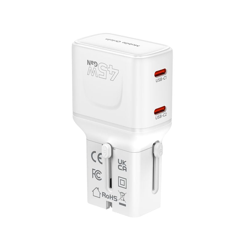 Mobile Origin Φορτιστής Ταξιδίου 2 Θυρών USB - C με Αντάπτορες Πρίζας EU/US/UK/AU - GaN 45W - Travel Adapter PW26 - White