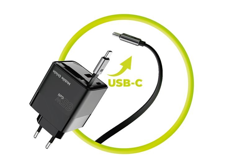 Mobile Origin Οικιακός Φορτιστής Γρήγορης Φόρτισης 65W GaN με 1 Θύρα Type - C, 1 Θύρα USB και Καλώδιο Type - C - PW2 - Black