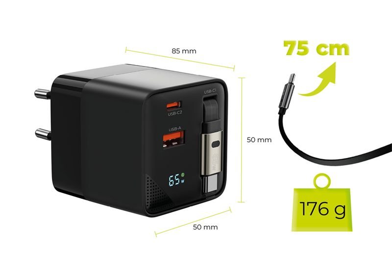 Mobile Origin Οικιακός Φορτιστής Γρήγορης Φόρτισης 65W GaN με 1 Θύρα Type - C, 1 Θύρα USB και Καλώδιο Type - C - PW2 - Black
