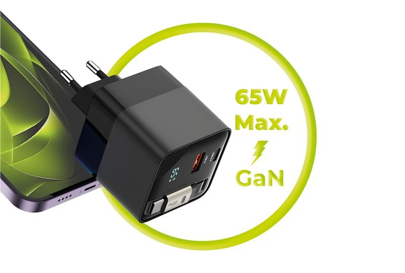 Mobile Origin Οικιακός Φορτιστής Γρήγορης Φόρτισης 65W GaN με 1 Θύρα Type - C, 1 Θύρα USB και Καλώδιο Type - C - PW2 - Black