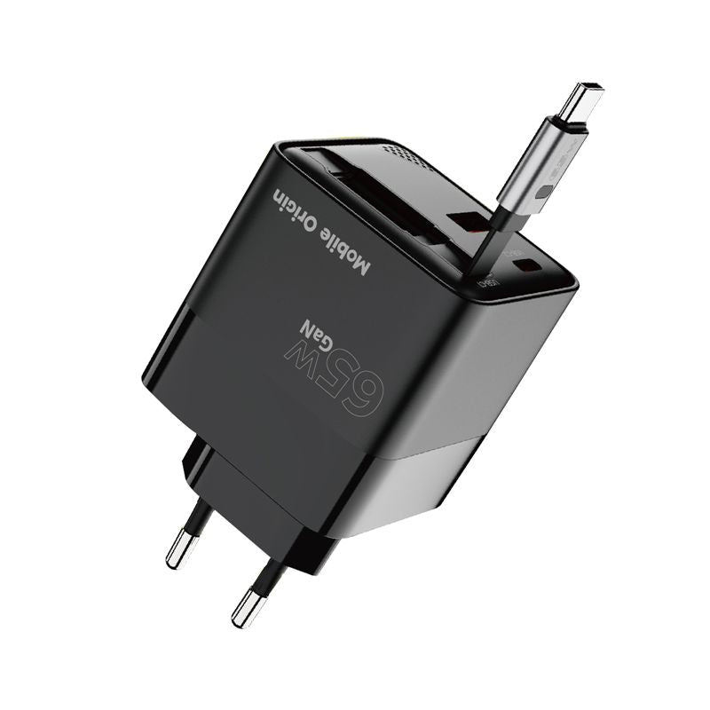 Mobile Origin Οικιακός Φορτιστής Γρήγορης Φόρτισης 65W GaN με 1 Θύρα Type - C, 1 Θύρα USB και Καλώδιο Type - C - PW2 - Black
