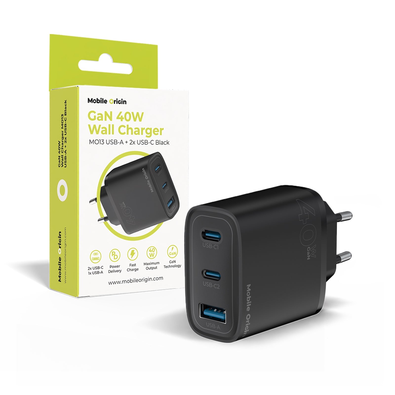 Mobile Origin Οικιακός Φορτιστής Γρήγορης Φόρτισης GaN 40W με 2 Θύρες Type - C και 1 Θύρα USB - MO13 - Black