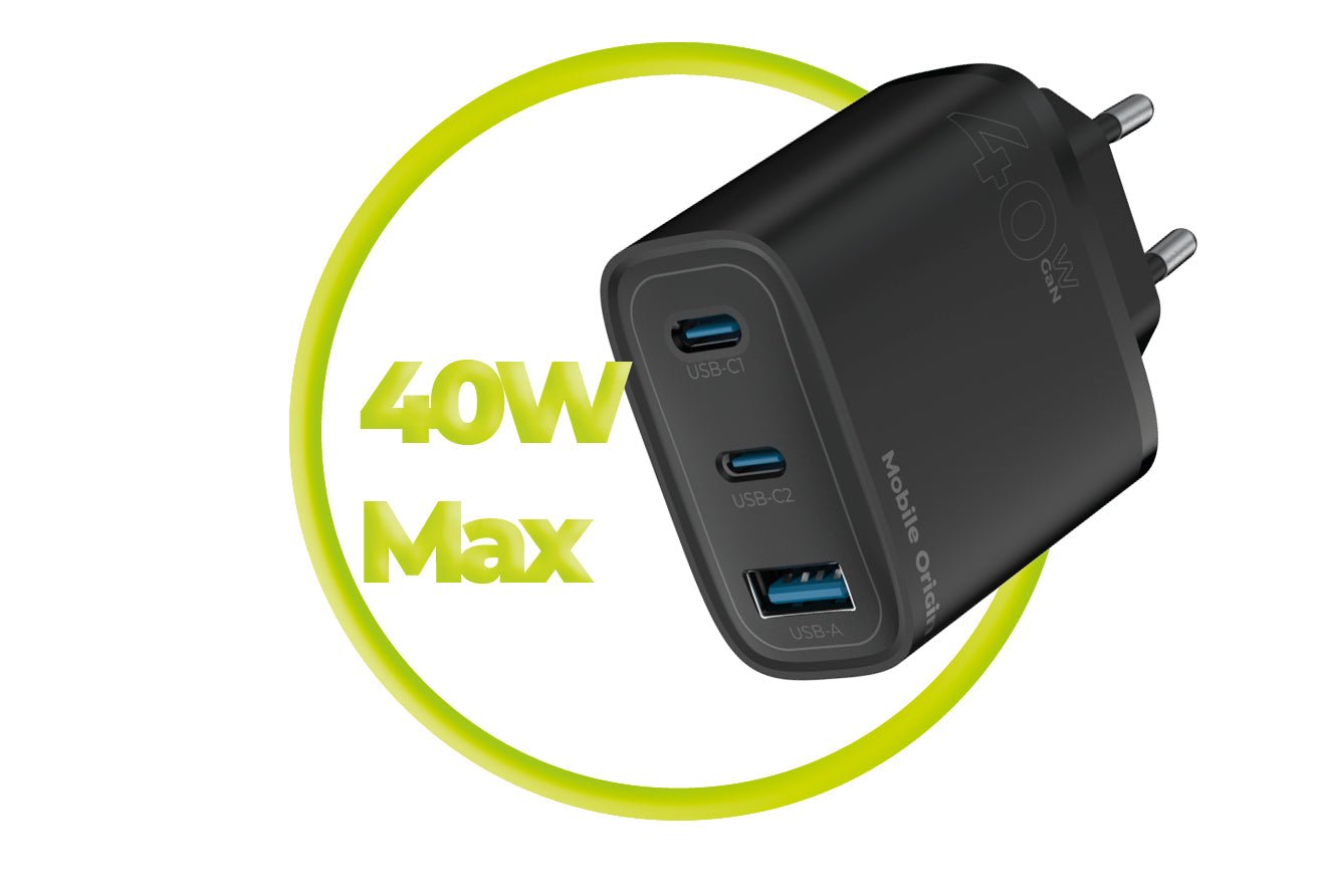 Mobile Origin Οικιακός Φορτιστής Γρήγορης Φόρτισης GaN 40W με 2 Θύρες Type - C και 1 Θύρα USB - MO13 - Black