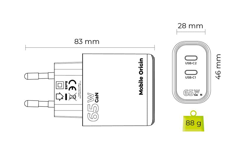 Mobile Origin - Οικιακός Φορτιστής Γρήγορης Φόρτισης GaN 65W με 2 Θύρες Type - C - MO19 - White
