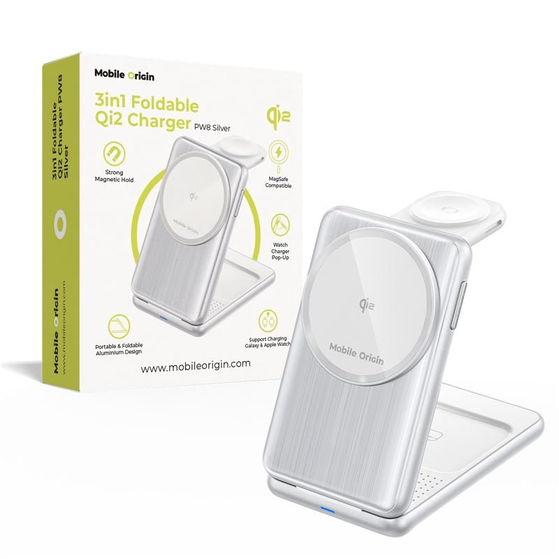 Mobile Origin PW8 - 3in1 Αναδιπλούμενος Ασύρματος MagSafe Qi2 Φορτιστής 15W - Silver