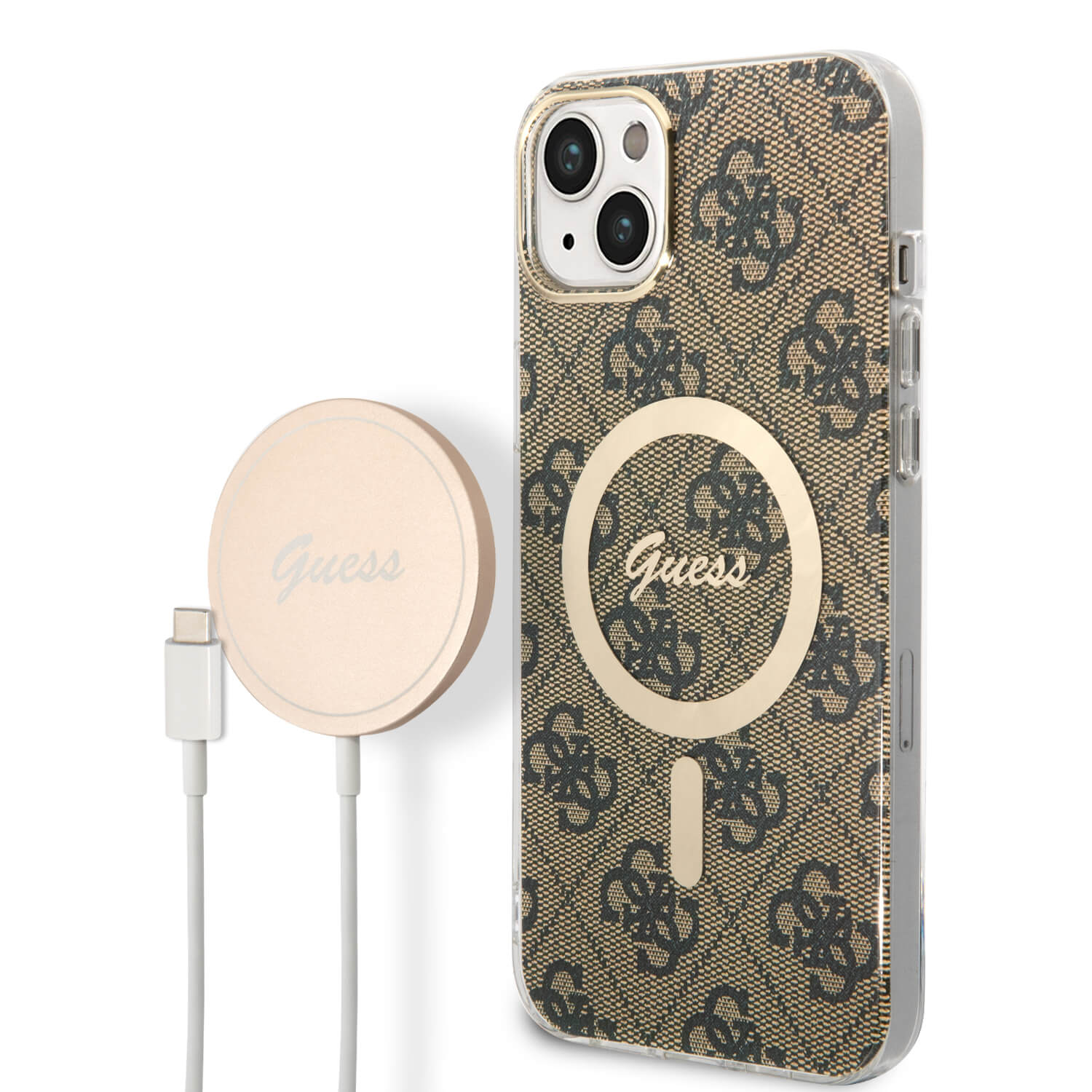Guess iPhone 15 Plus / 14 Plus - Bundle Pack - Σετ Σκληρή Θήκη με Πλαίσιο Σιλικόνης και Ασύρματος Φορτιστής MagSafe - Design 4G Print MagSafe - Brown - GUBPP14MH4EACSW