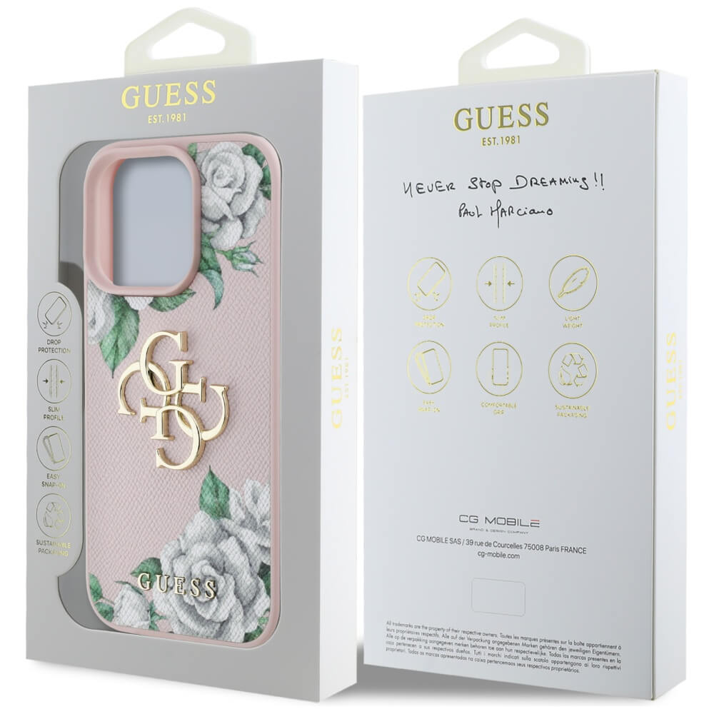 Guess iPhone 16 Pro Max - Grained Roses Big 4G Logo - Σκληρή Θήκη με Επένδυση από Οικολογικό Δέρμα - Pink - GUHCP16XPGROP4MP