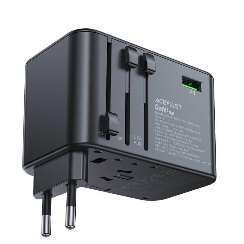 Acefast Z1 GaN 75W PD Φορτιστής Ταξιδίου με Ενσωματωμένα Βύσματα EU / UK / US / AUS με 3 Θύρες Type - C και 2 Θύρες USB - Black