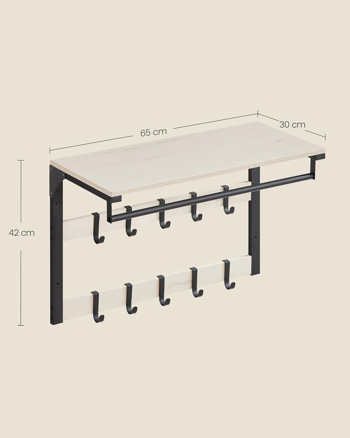 Vasagle Επιτοίχια Κρεμάστρα με 10 Αφαιρούμενους Γάντζους - 65 x 30 x 42 cm - Vintage White / Black - LCR101W03