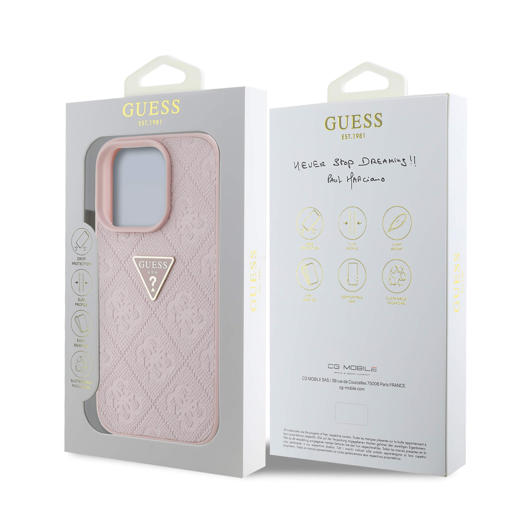 Guess iPhone 16 Pro Max - Hot Stamp 4G Pattern Triangle Metal Logo - Σκληρή Θήκη με Επένδυση Συνθετικού Δέρματος και Πλαίσιο Σιλικόνης - Pink - GUHCP16XPGP4STRP